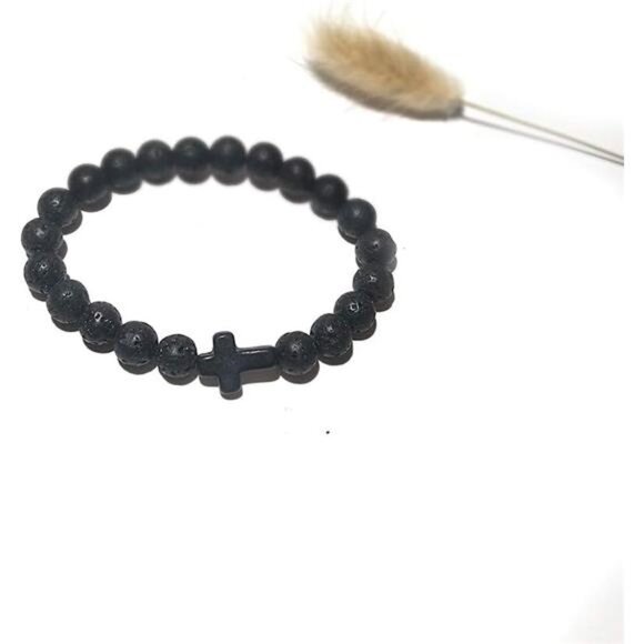 Lava Stone Bracelet Turquoise Beads Cross Elastic Stretch Bracelet for Women Men - Picture 3 of 4